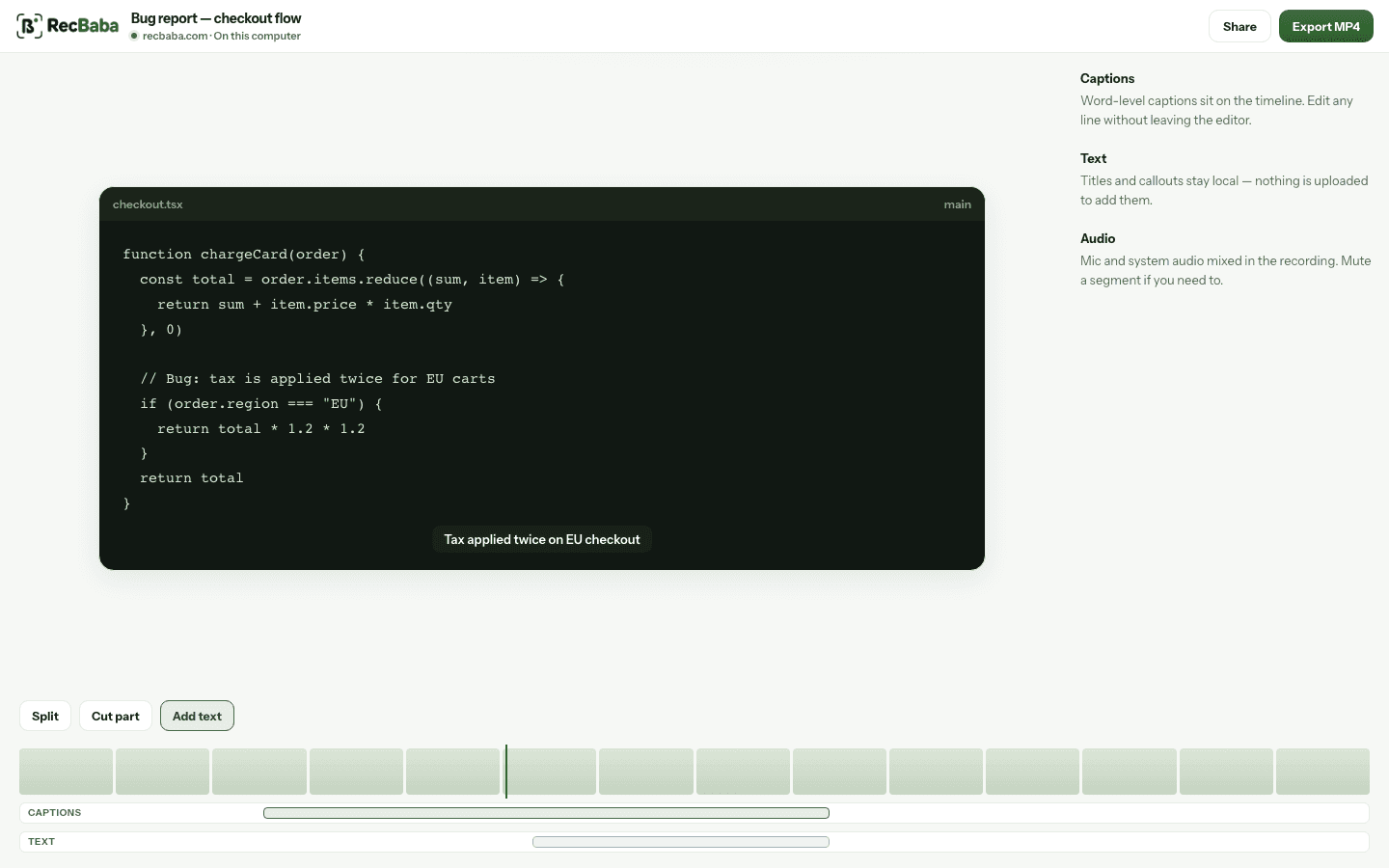 RecBaba local video editor with a timeline, captions, and an Export MP4 control.