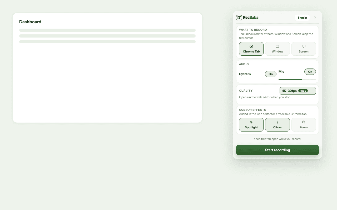 In-page RecBaba overlay with Tab, Window, and Screen options for 4K capture.