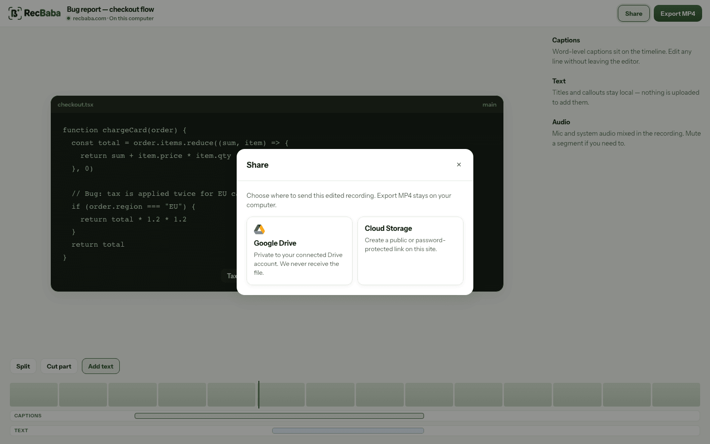 Share dialog over the local editor, with unlisted visibility and a Create link button.